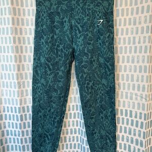 Gymshark Green High-Waisted Leggings with Botanical Print
